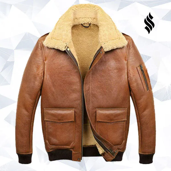 Men’s Aviator Camel Brown A2 Fur Shearling Leather Bomber Jacket