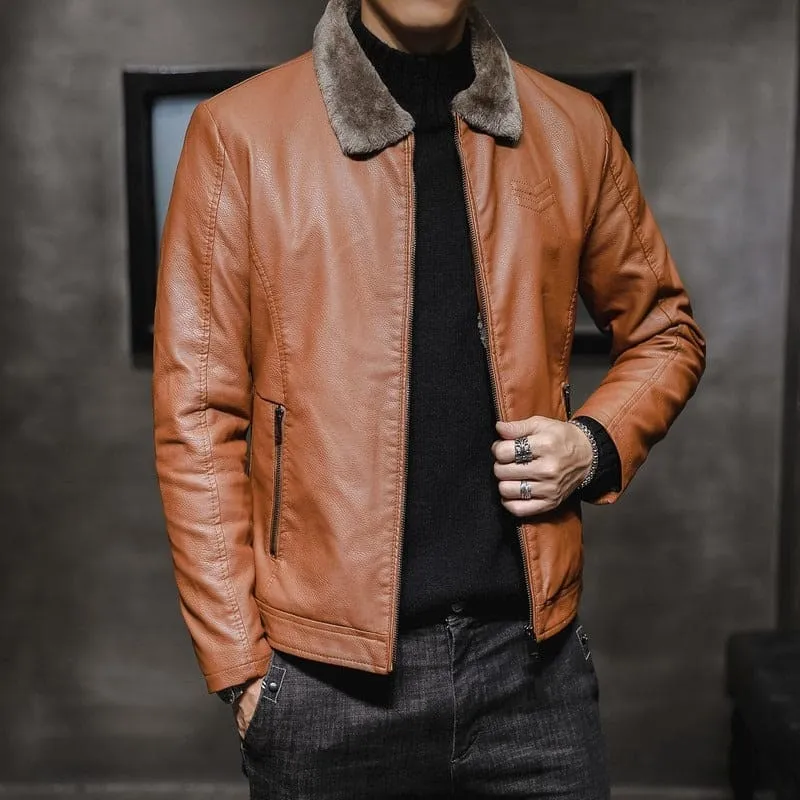 Men's Faux Leather Jacket with Lapel Collar Plush Fur Lining