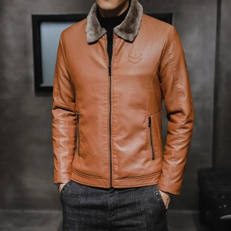Men's Faux Leather Jacket with Lapel Collar Plush Fur Lining