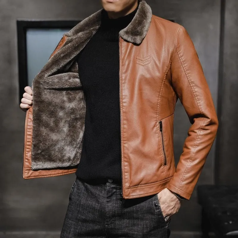 Men's Faux Leather Jacket with Lapel Collar Plush Fur Lining