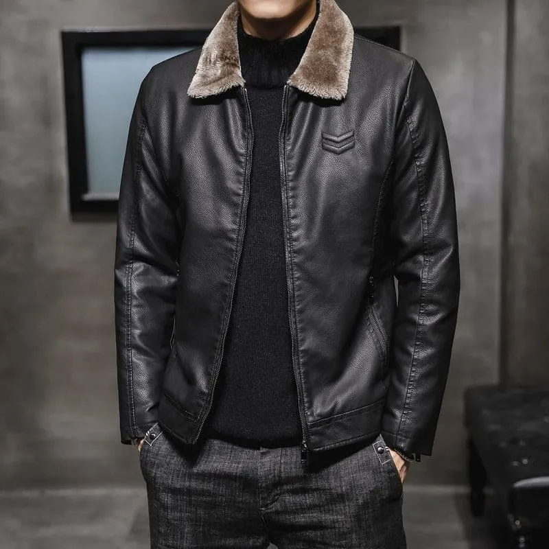 Men's Faux Leather Jacket with Lapel Collar Plush Fur Lining