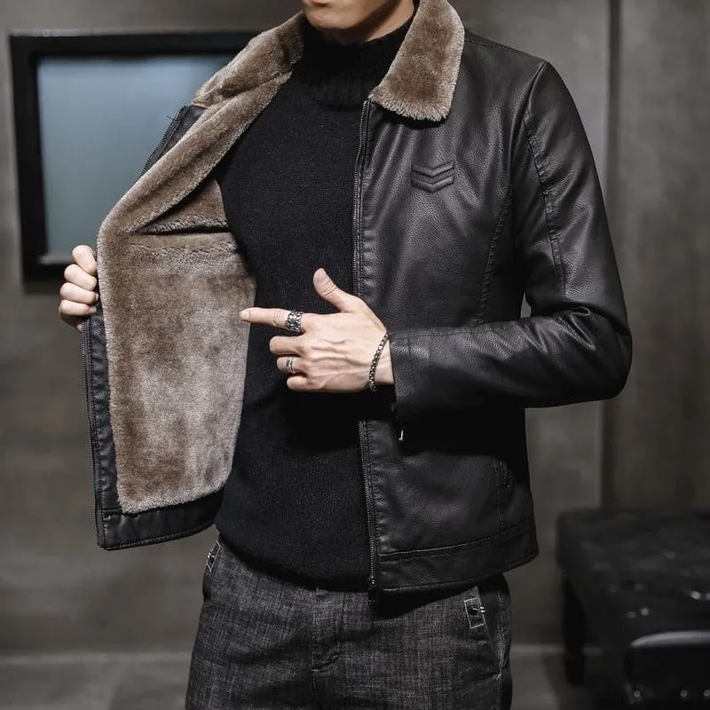 Men's Faux Leather Jacket with Lapel Collar Plush Fur Lining