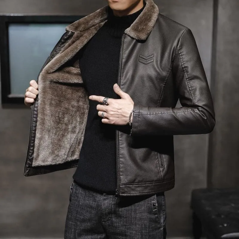 Men's Faux Leather Jacket with Lapel Collar Plush Fur Lining