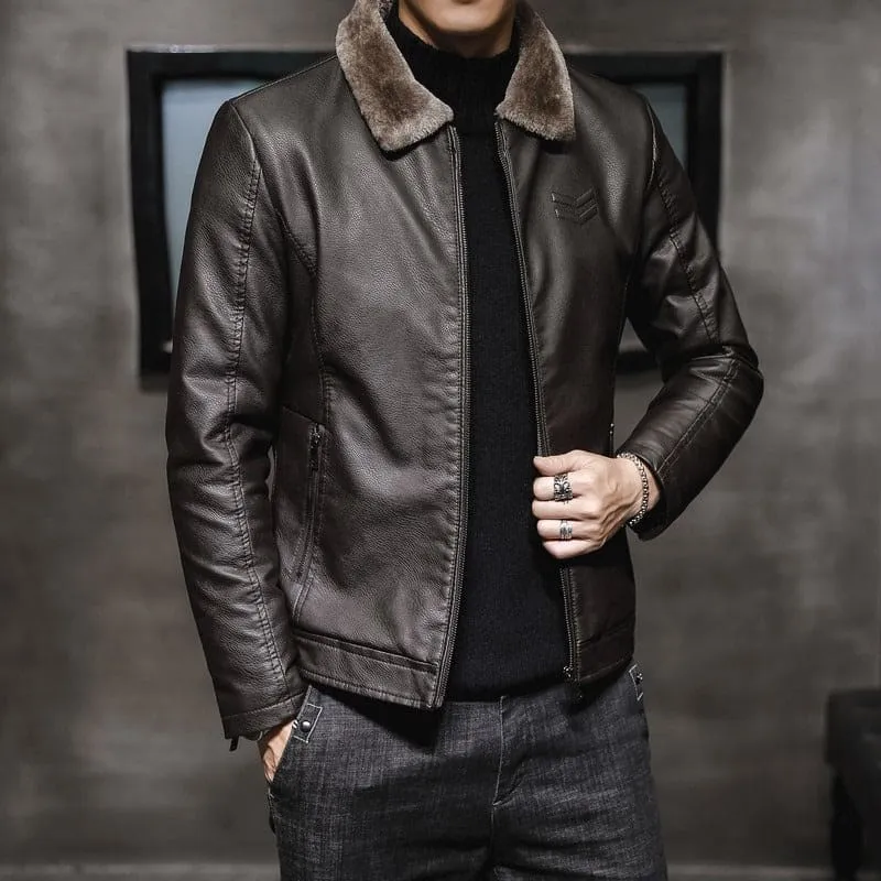 Men's Faux Leather Jacket with Lapel Collar Plush Fur Lining