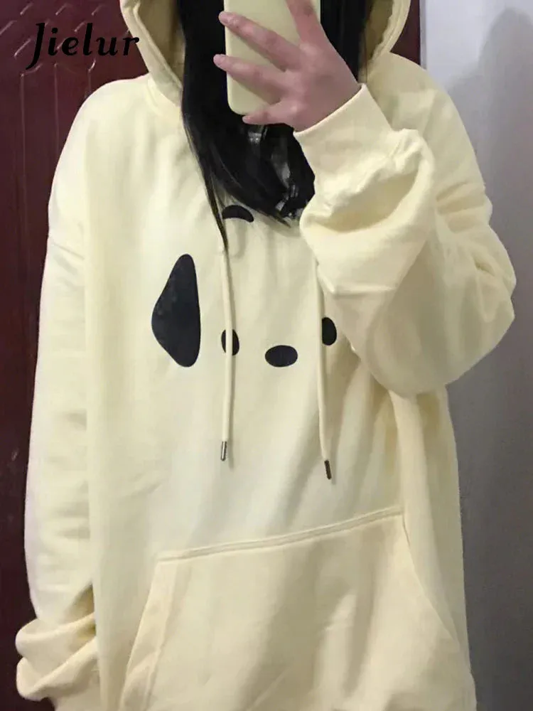 Metaversmall Apricot Printed Drawstring Female Sweatshirt Winter Fashion Streetwear Loose Casual O-neck Chic Pockets Women's Hoodies