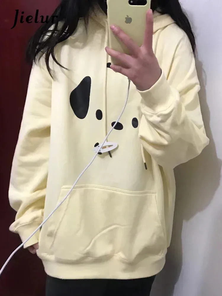 Metaversmall Apricot Printed Drawstring Female Sweatshirt Winter Fashion Streetwear Loose Casual O-neck Chic Pockets Women's Hoodies