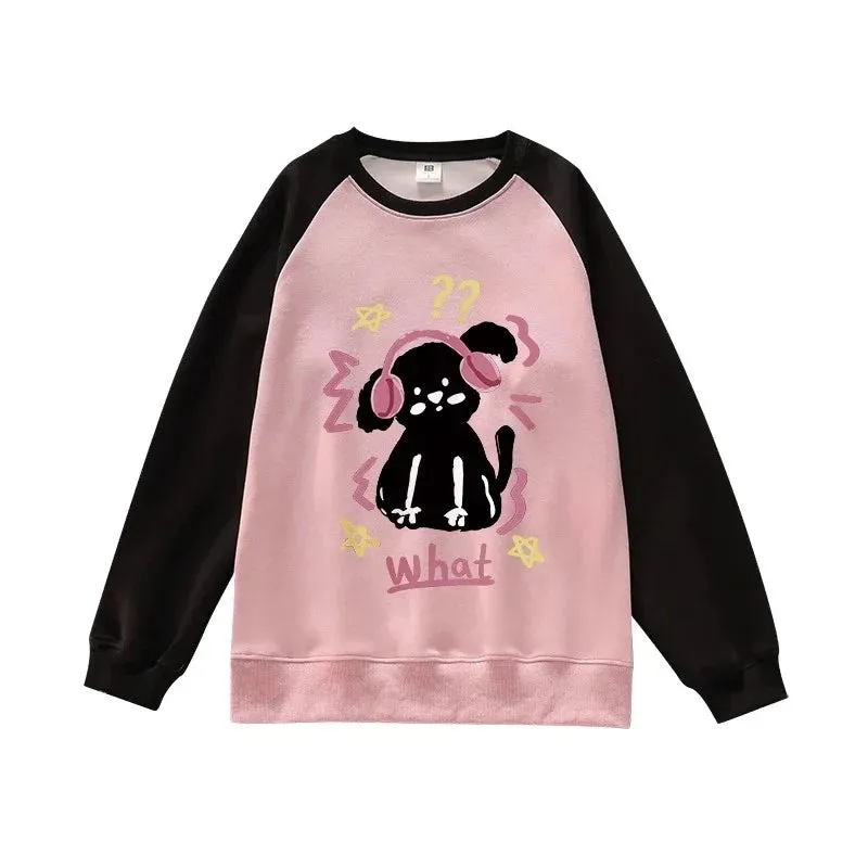 Metaversmall Basic O-neck Pullovers Loose Female Hoodies Cute Chic Printing Simple Casual Fashion Contrast Color Winter Women Hoodies