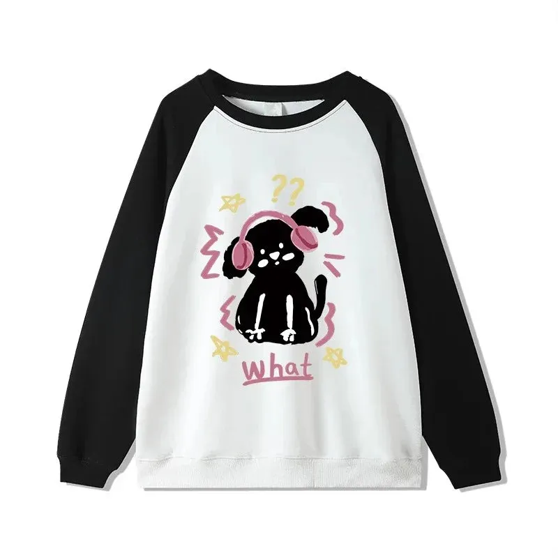 Metaversmall Basic O-neck Pullovers Loose Female Hoodies Cute Chic Printing Simple Casual Fashion Contrast Color Winter Women Hoodies