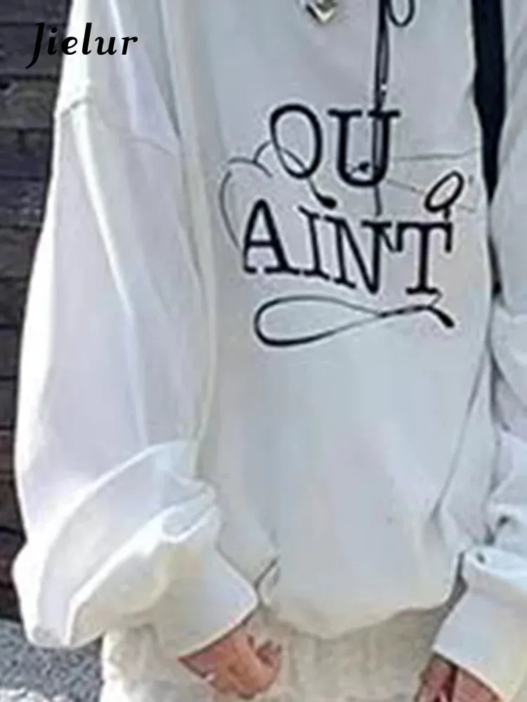 Metaversmall White Letter Printed Basic Hoodies Korean Office Lady Loose Pullovers Spell Color Fashion Simple O-neck Women's Hoodies