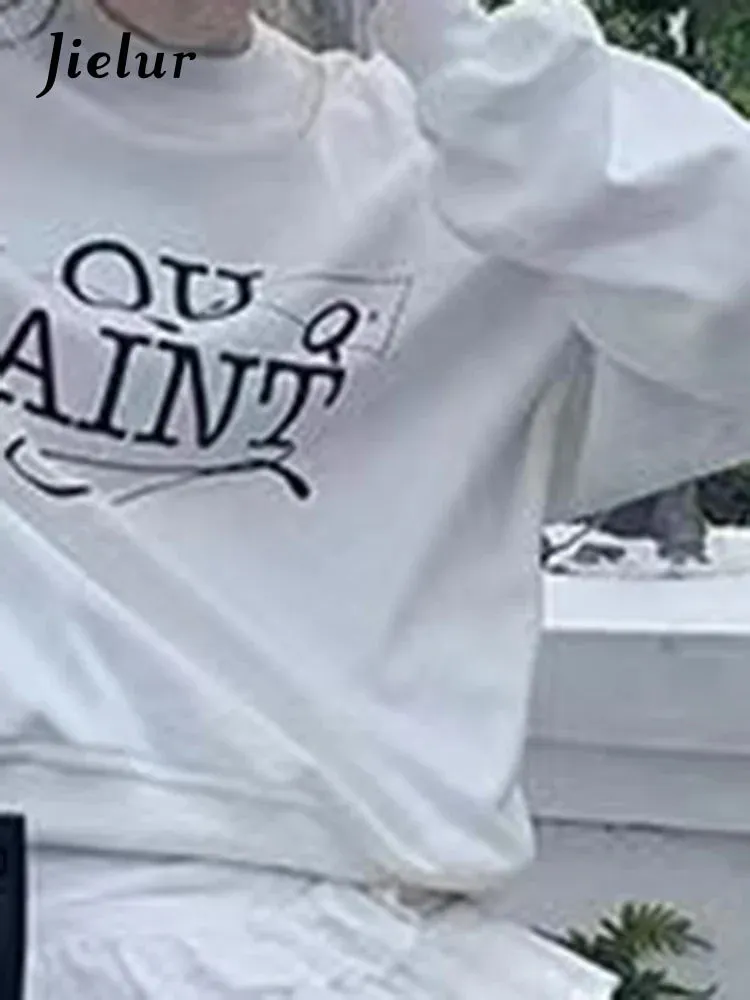 Metaversmall White Letter Printed Basic Hoodies Korean Office Lady Loose Pullovers Spell Color Fashion Simple O-neck Women's Hoodies
