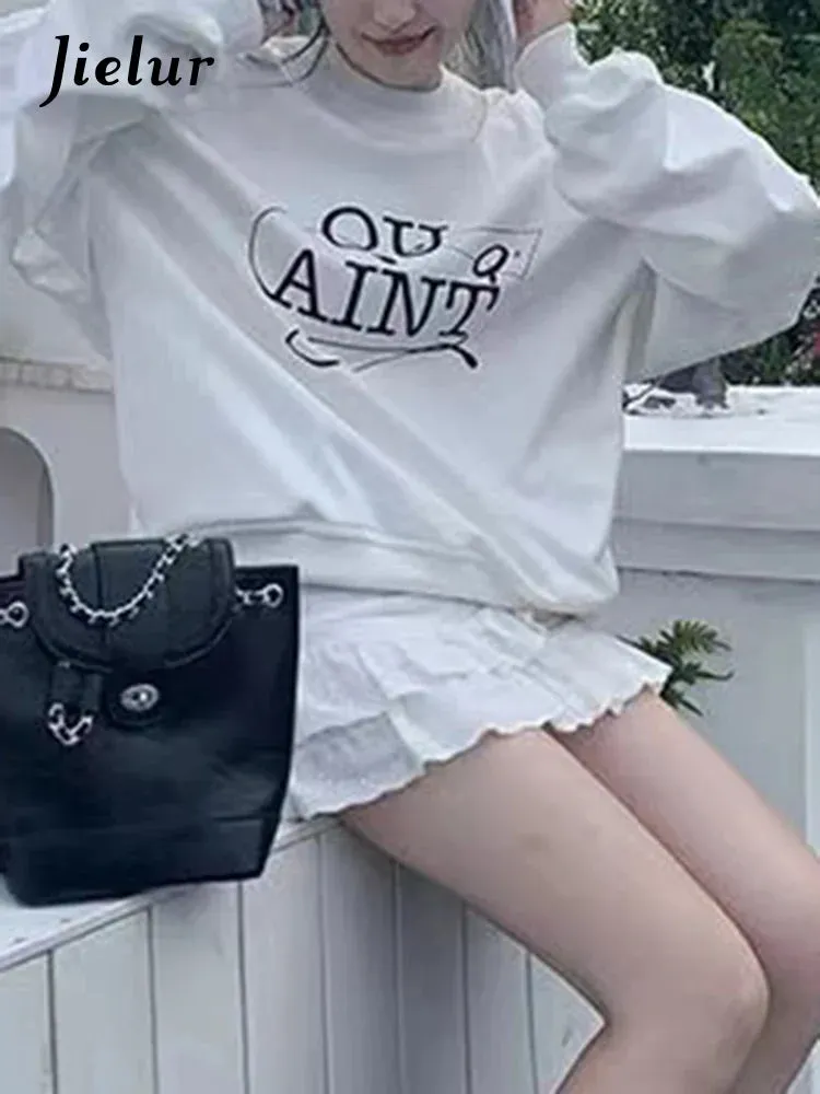 Metaversmall White Letter Printed Basic Hoodies Korean Office Lady Loose Pullovers Spell Color Fashion Simple O-neck Women's Hoodies