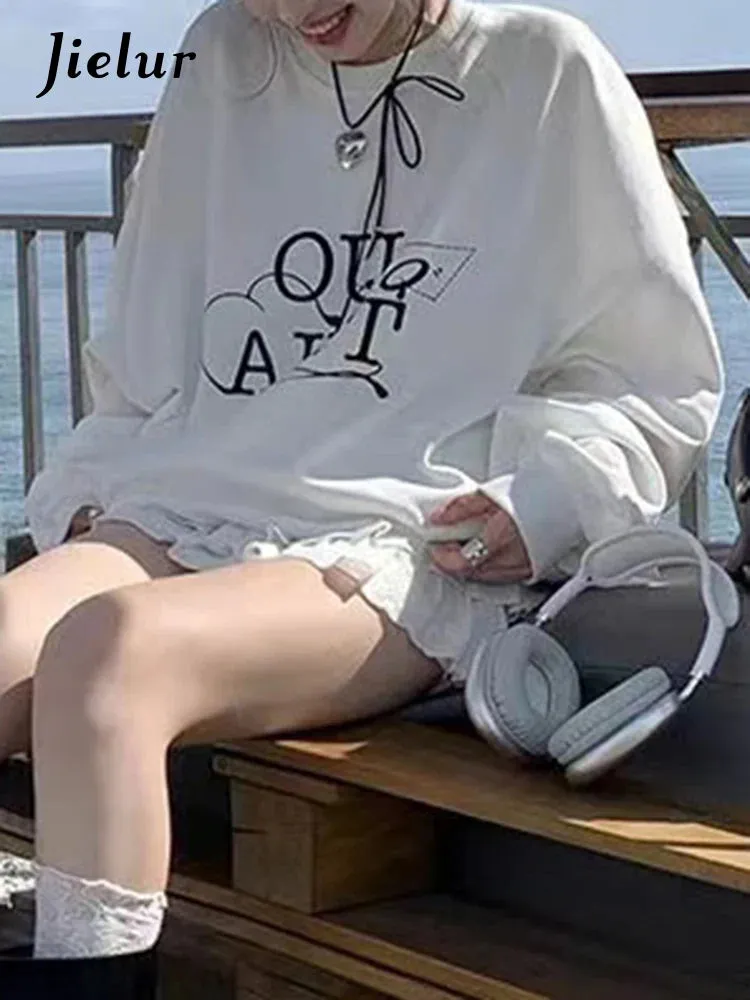 Metaversmall White Letter Printed Basic Hoodies Korean Office Lady Loose Pullovers Spell Color Fashion Simple O-neck Women's Hoodies