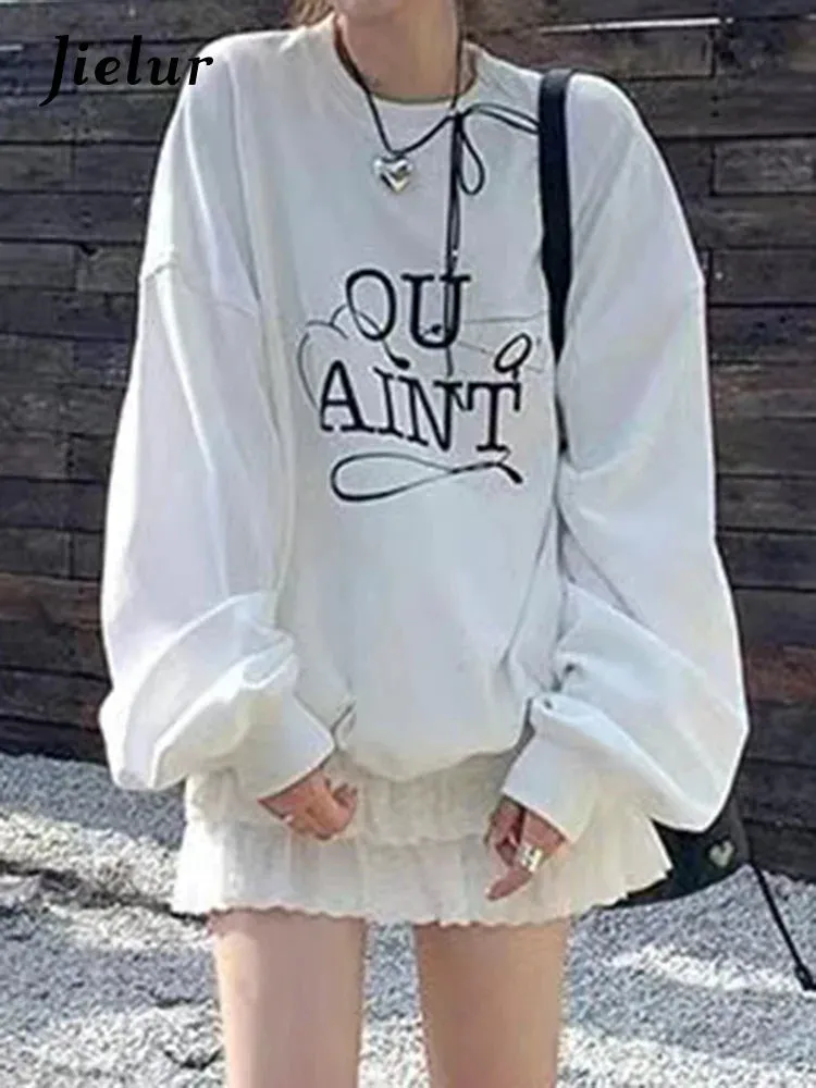 Metaversmall White Letter Printed Basic Hoodies Korean Office Lady Loose Pullovers Spell Color Fashion Simple O-neck Women's Hoodies