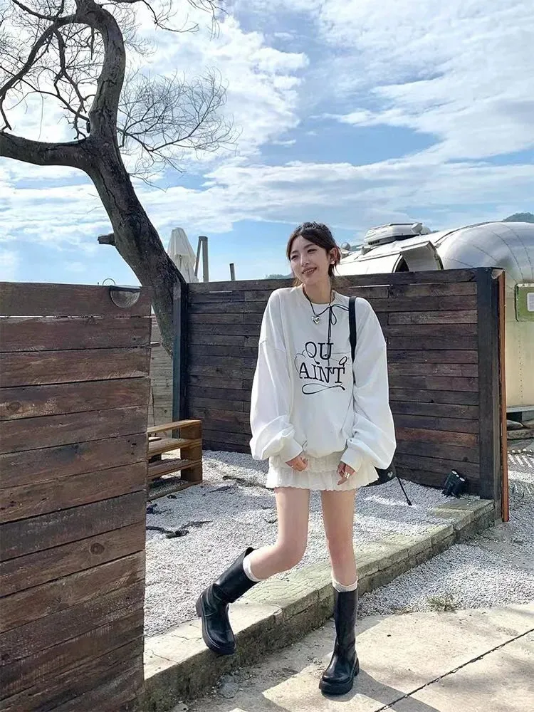 Metaversmall White Letter Printed Basic Hoodies Korean Office Lady Loose Pullovers Spell Color Fashion Simple O-neck Women's Hoodies