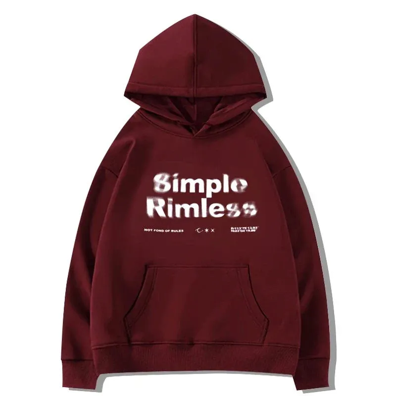 Metaversmall Wine Red Chic Letter Printing Women Hoodies Fashion Hooded Drawstring Basic Pure Color Simple Casual Loose Female Hoodies