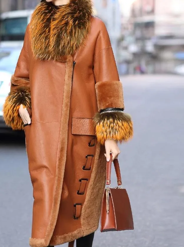 Raccoon Collar Wool Genuine Leather Jacket