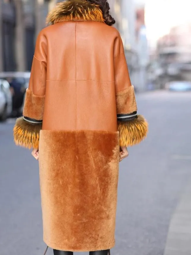 Raccoon Collar Wool Genuine Leather Jacket
