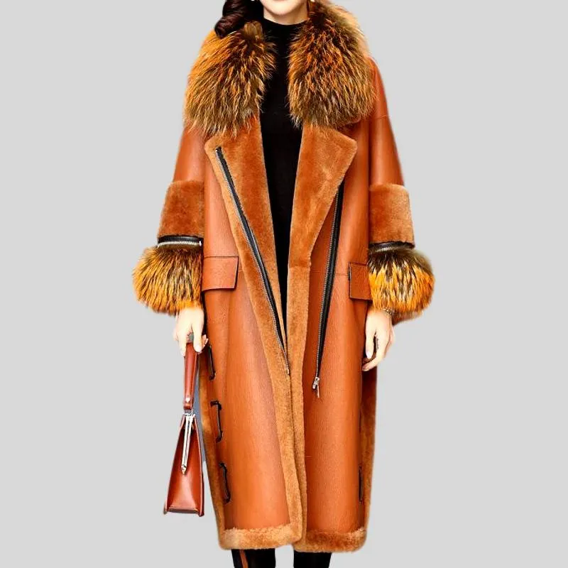 Raccoon Collar Wool Genuine Leather Jacket