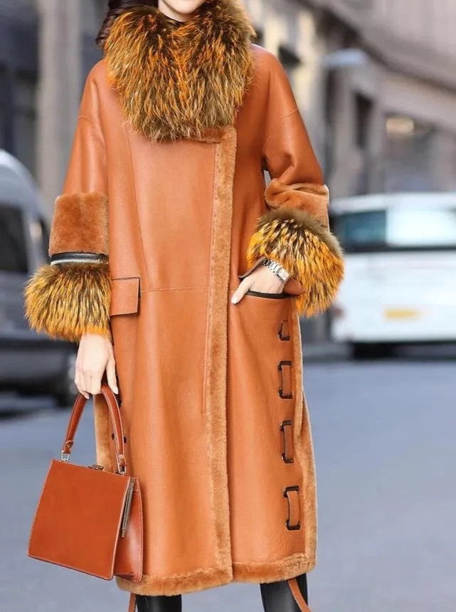 Raccoon Collar Wool Genuine Leather Jacket