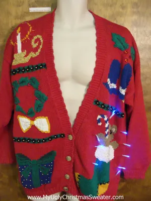 Random Decorations Red Tacky Xmas Sweater with Lights