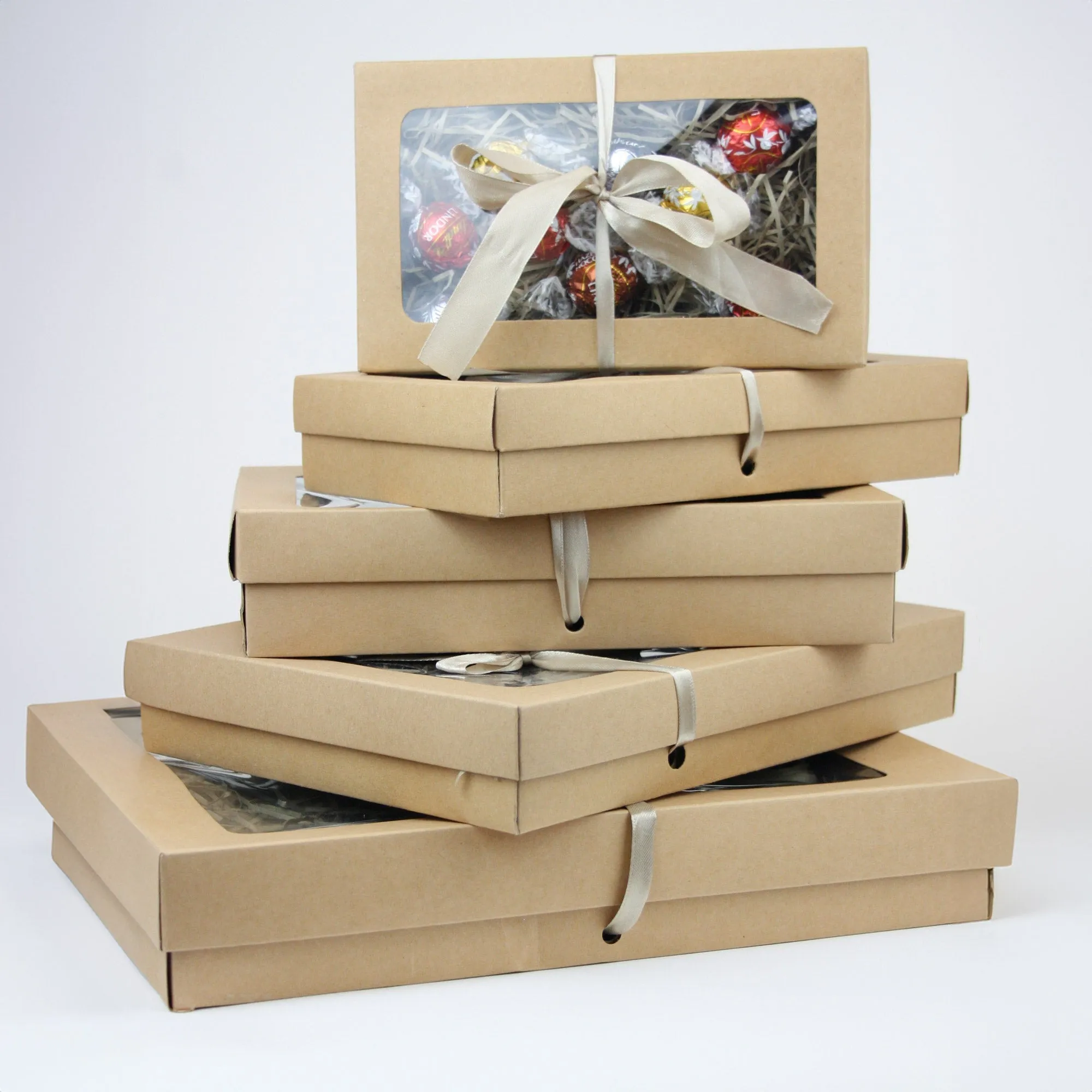 Rectangle Brown Kraft Gift Boxes with Christmas Ribbon Pack of 12 (Sizes Available)