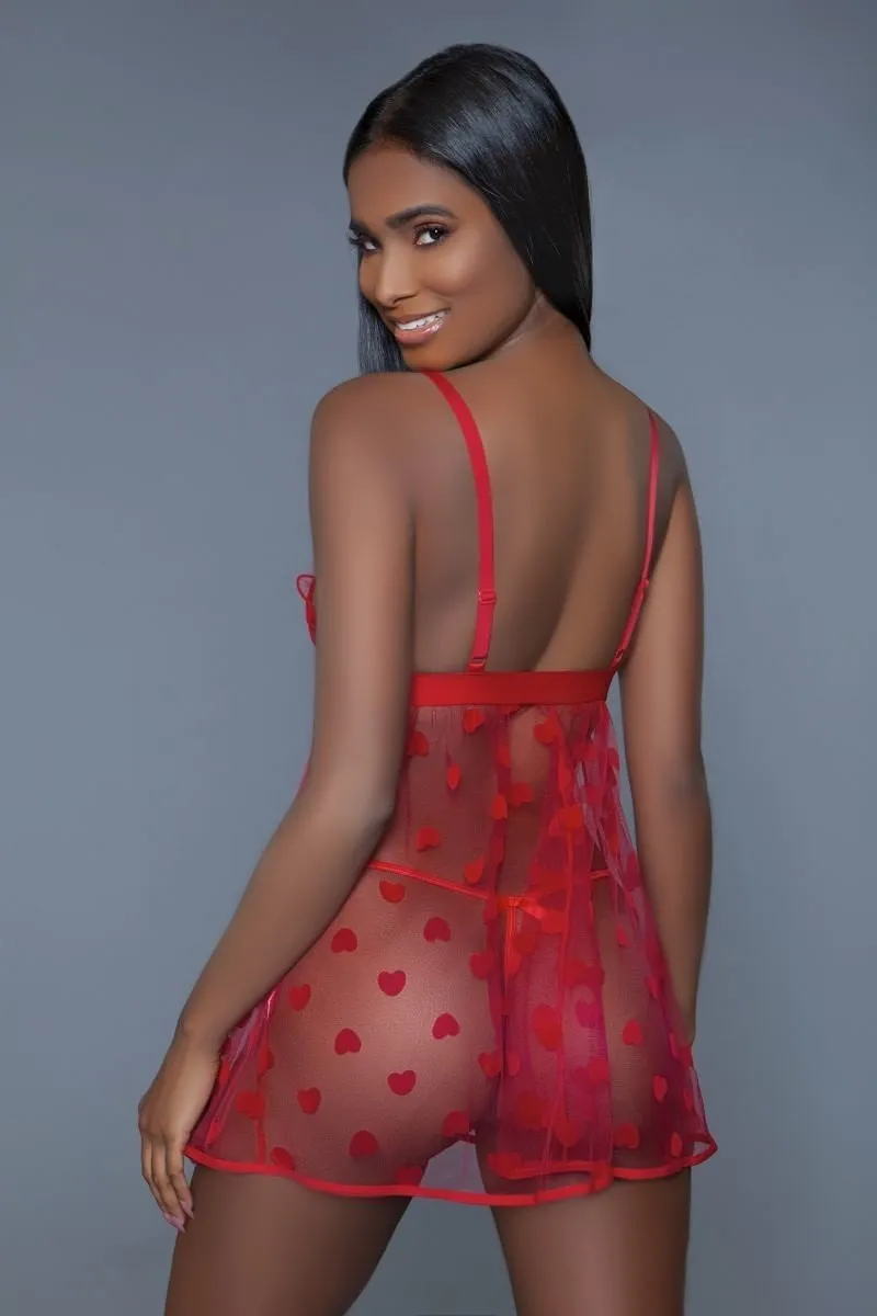 Red 1 Piece Fine Mesh Heart Designed Women's Slip Dress