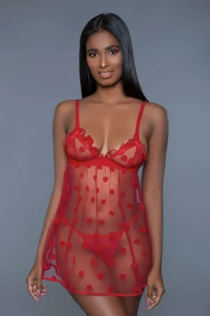 Red 1 Piece Fine Mesh Heart Designed Women's Slip Dress