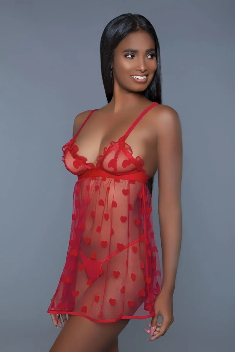Red 1 Piece Fine Mesh Heart Designed Women's Slip Dress