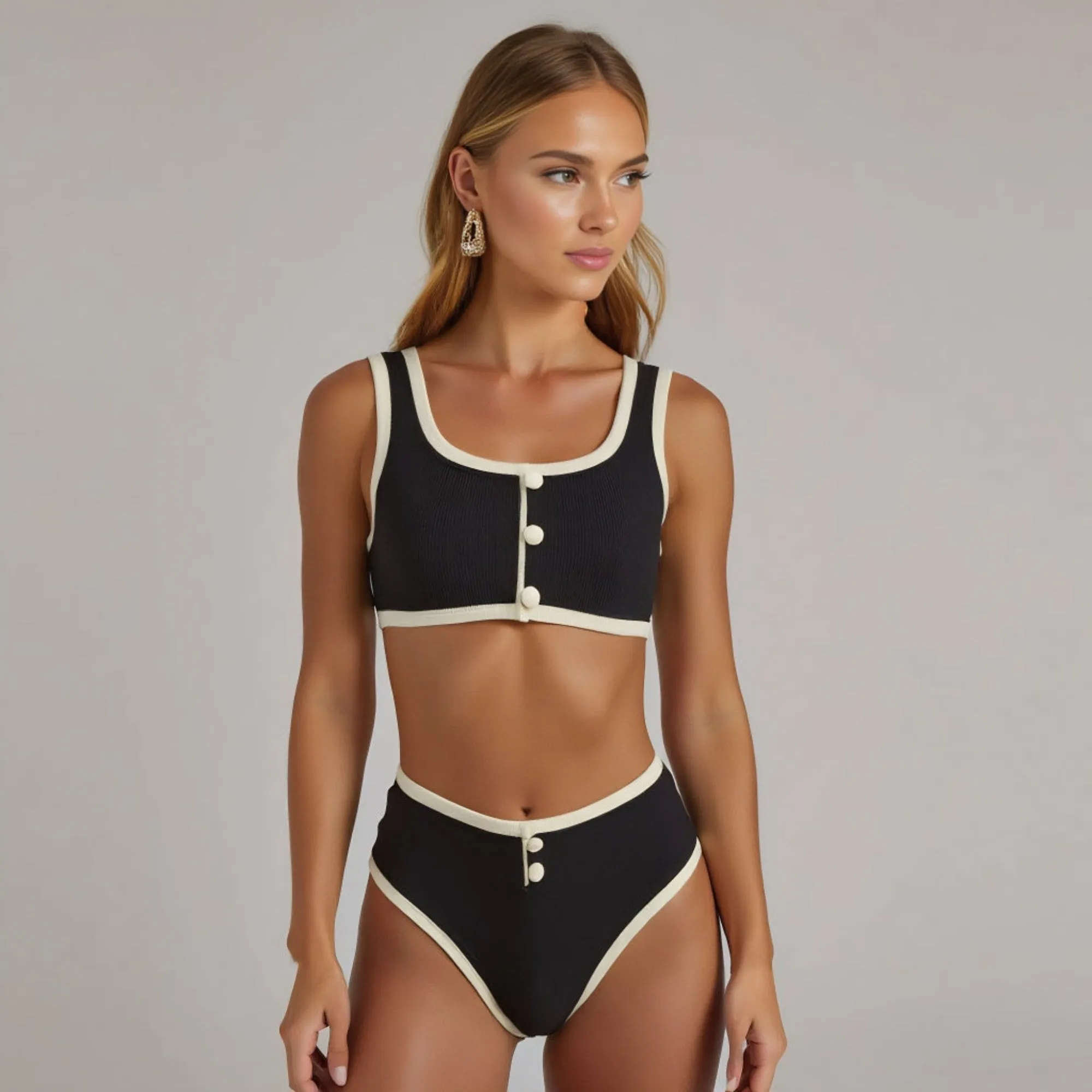 Retro Inspired Contrast Trim Bikini Set with Decorative Buttons