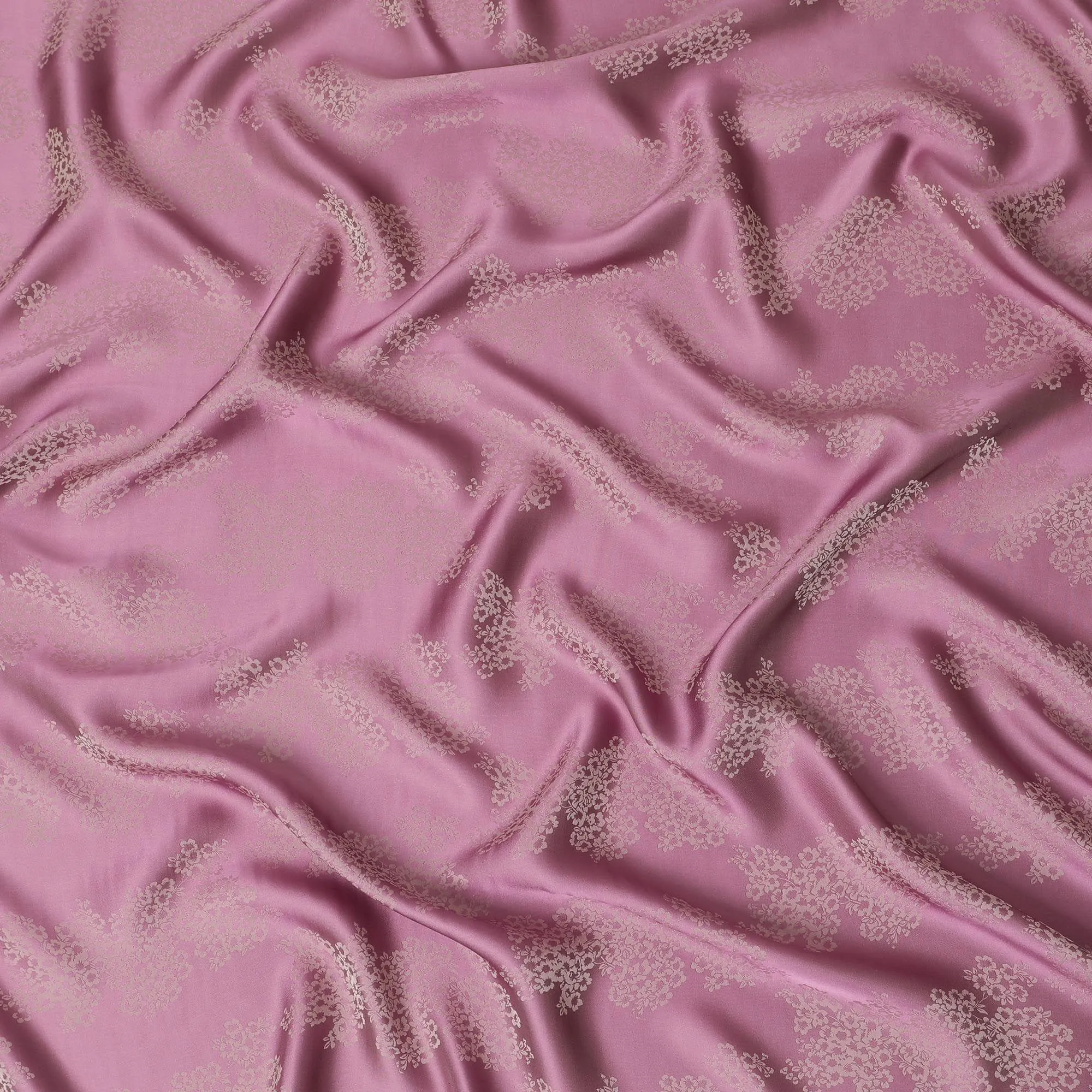 Rose pink premium pure silk crepe fabric with beige jacquard in floral design-D13890
