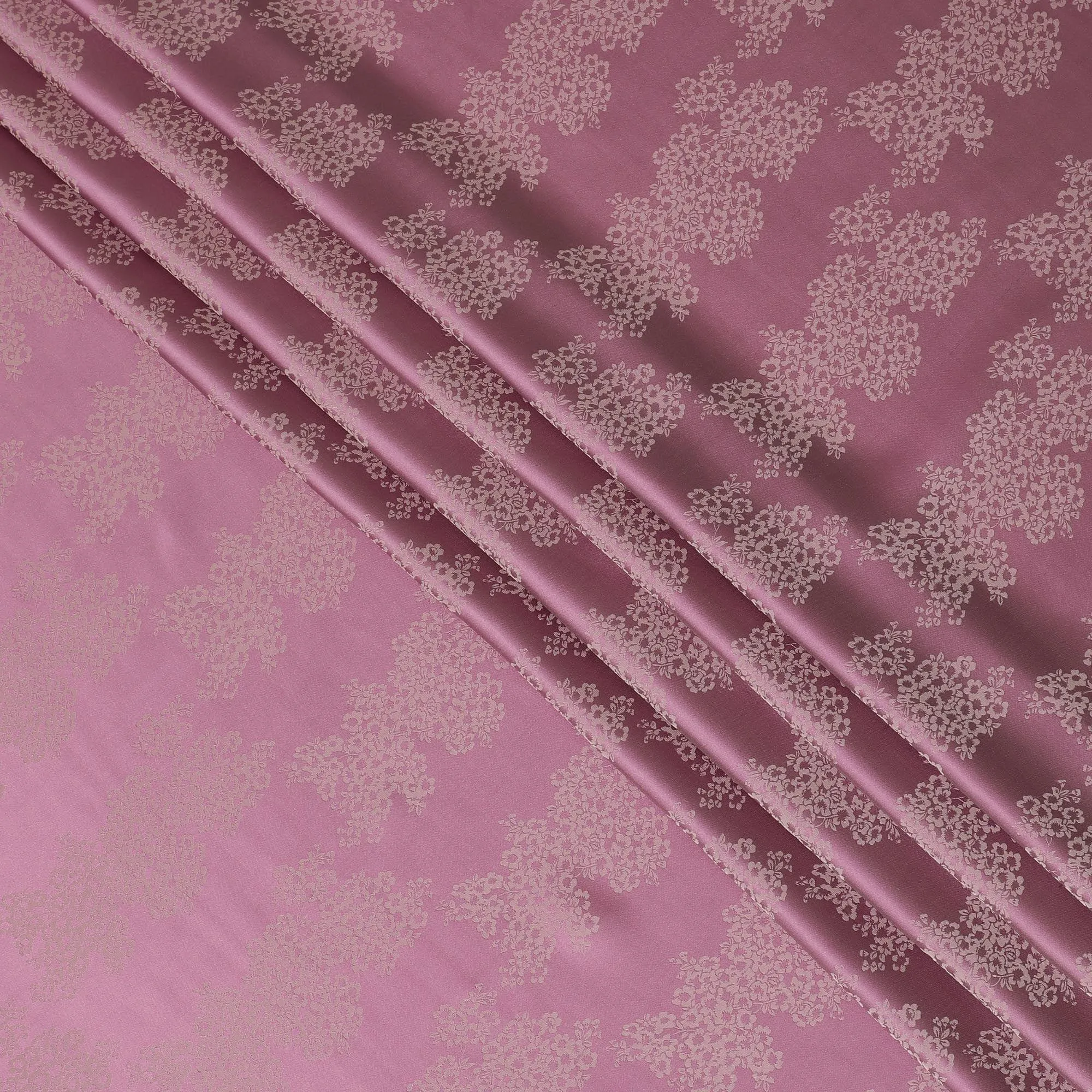 Rose pink premium pure silk crepe fabric with beige jacquard in floral design-D13890