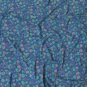 Royal blue silk crepe fabric with turquoise green, grey and lilac print in floral design-D8456