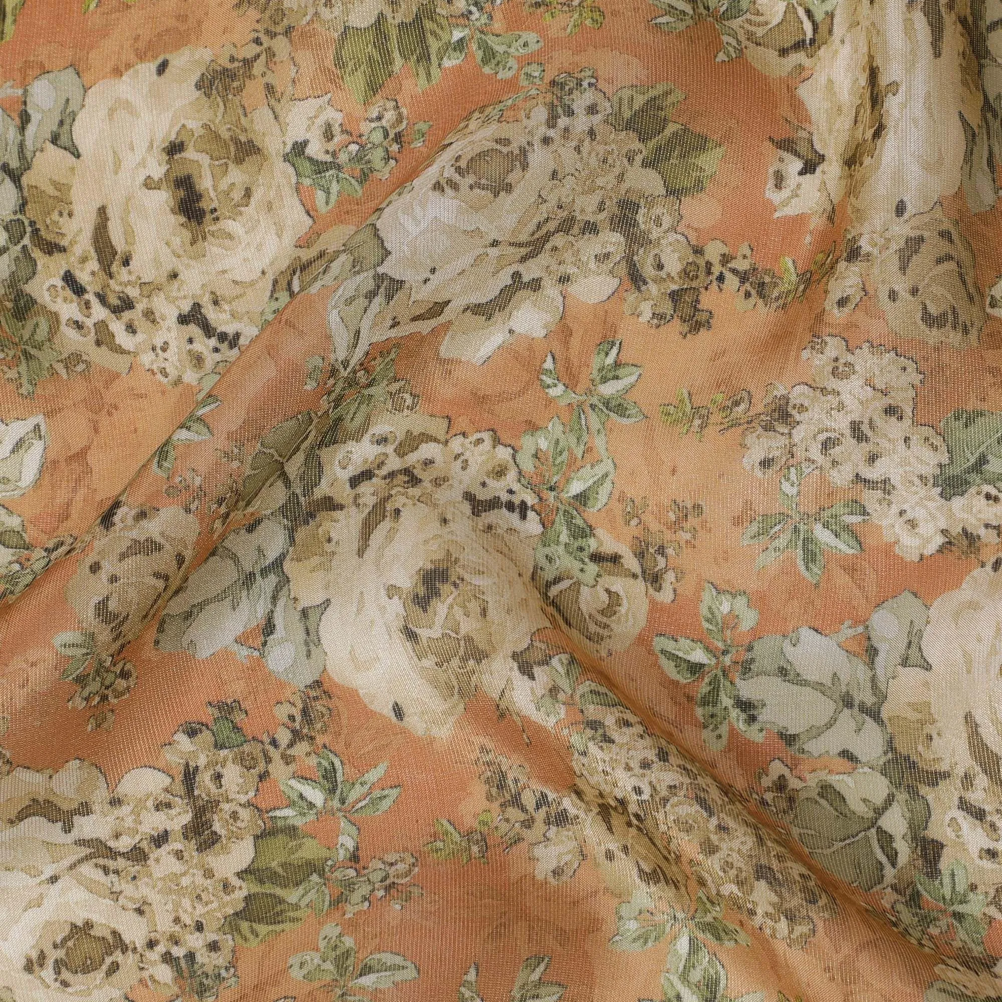 Salmon peach viscose fabric with multicolor print having metallic finish in floral design-D16269