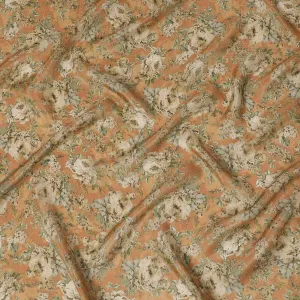 Salmon peach viscose fabric with multicolor print having metallic finish in floral design-D16269