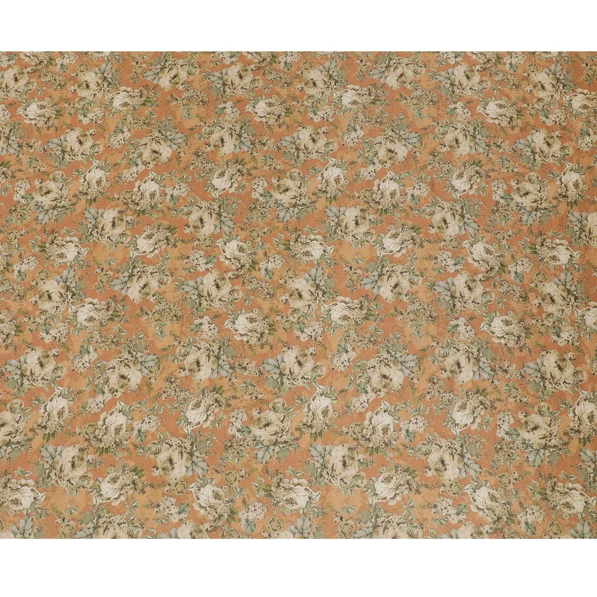 Salmon peach viscose fabric with multicolor print having metallic finish in floral design-D16269