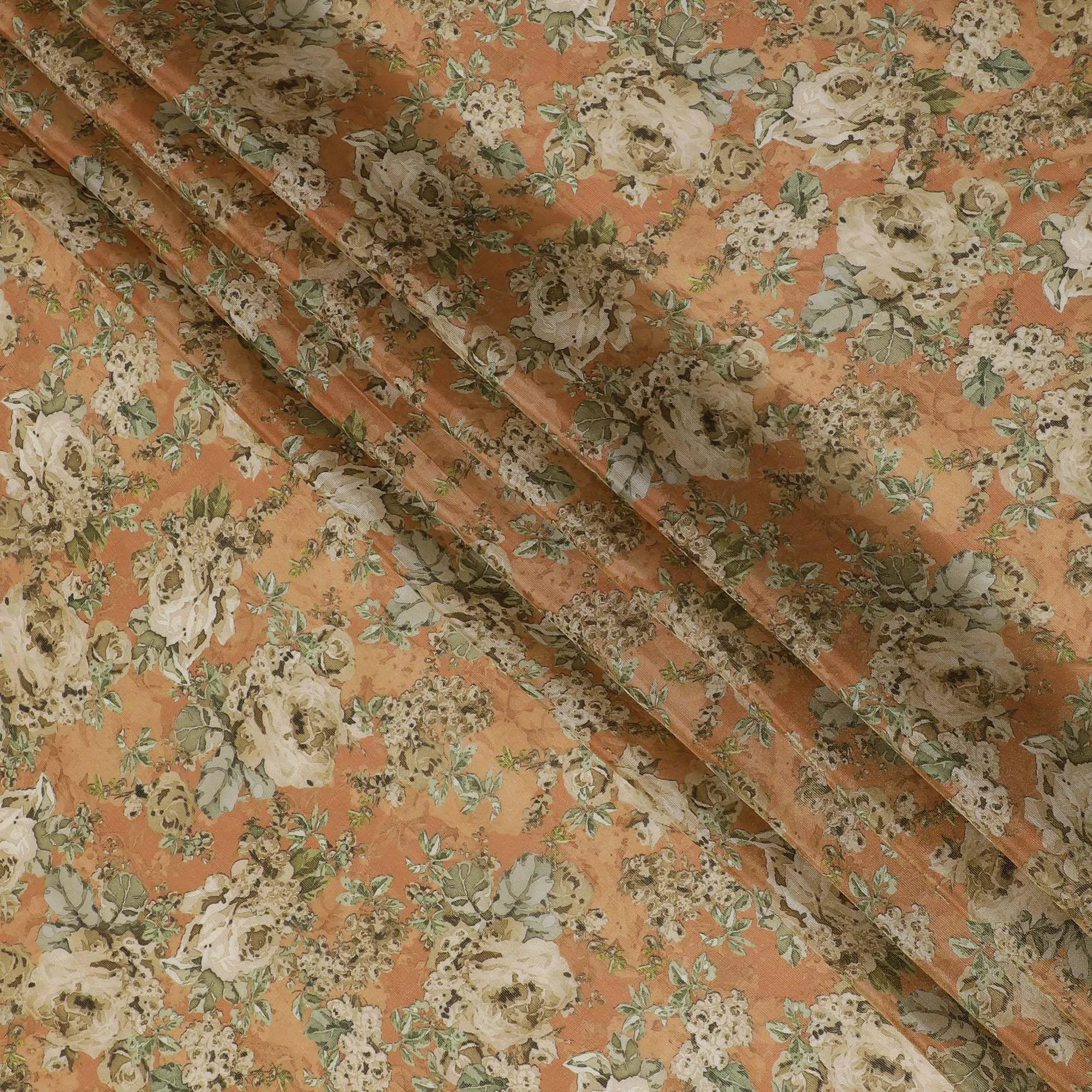 Salmon peach viscose fabric with multicolor print having metallic finish in floral design-D16269