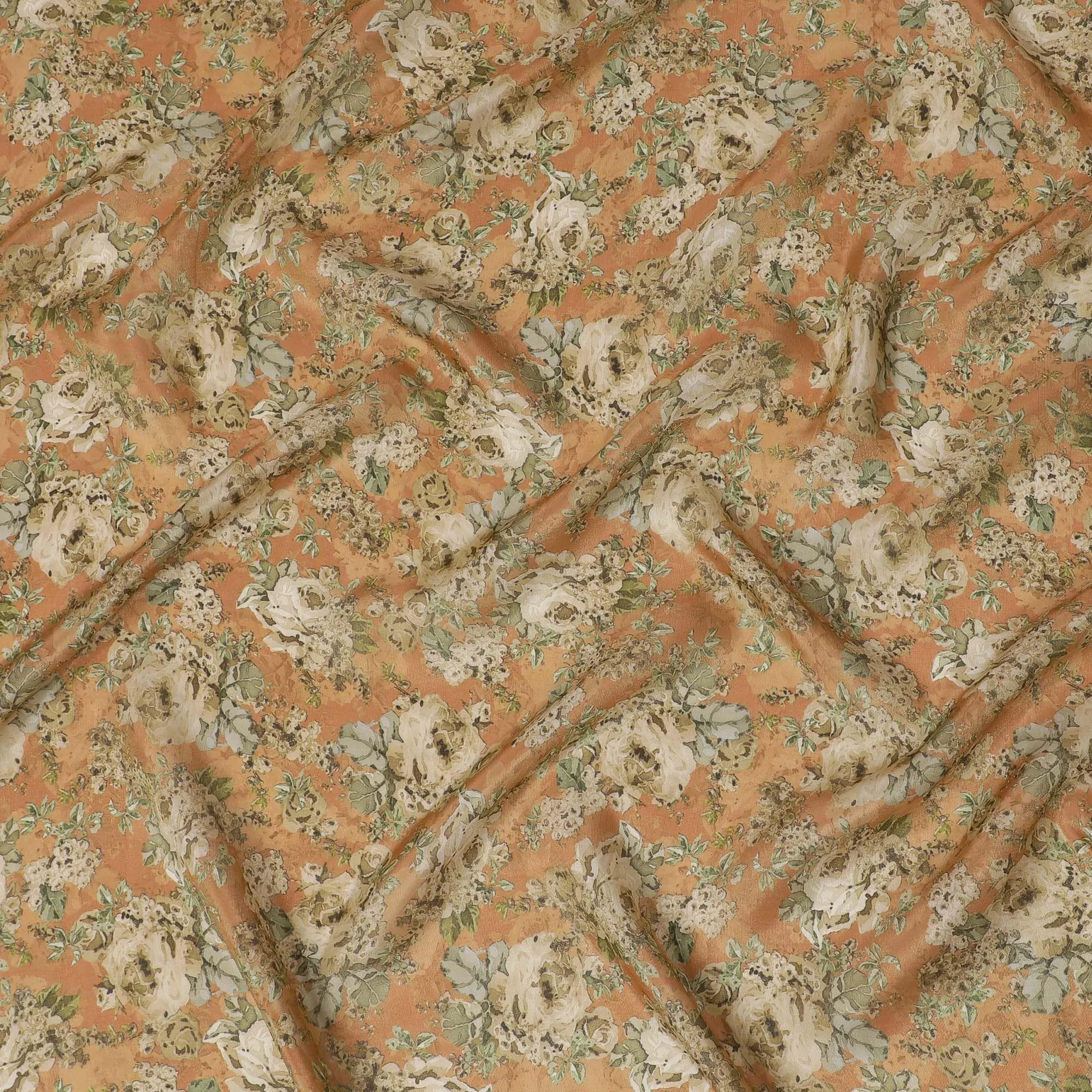 Salmon peach viscose fabric with multicolor print having metallic finish in floral design-D16269