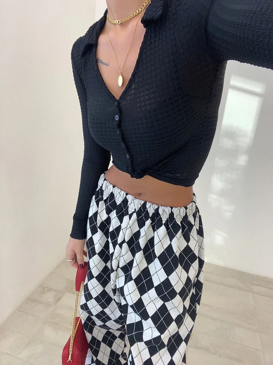 Skinny Check Collar Cardigan