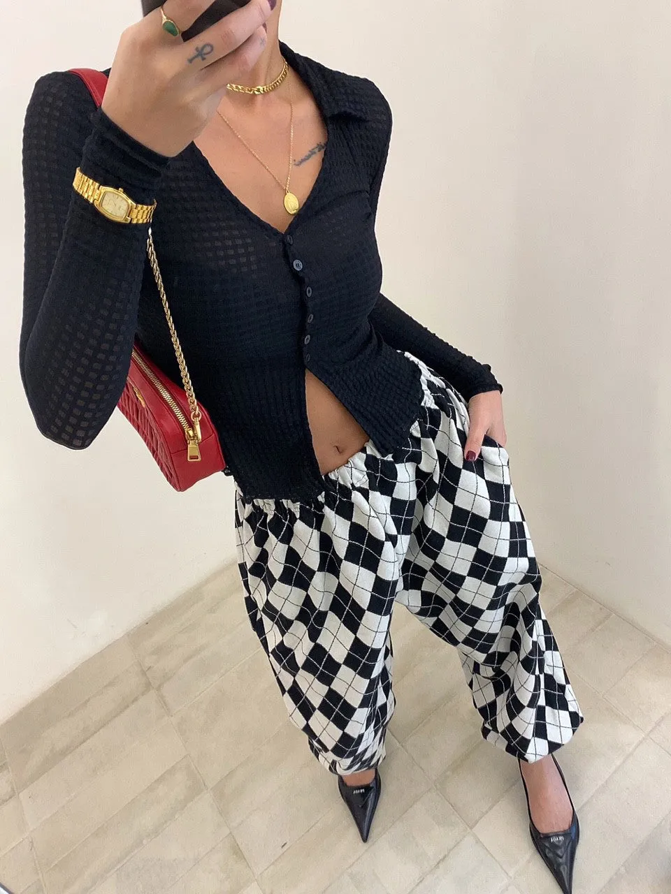 Skinny Check Collar Cardigan