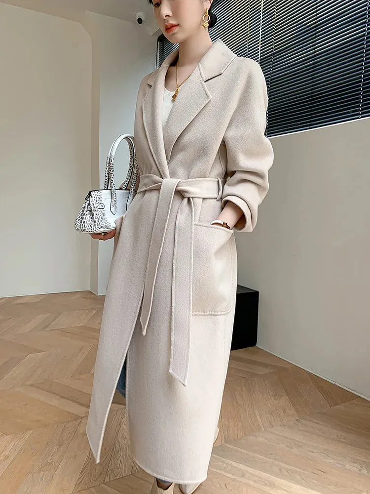 Solid Pocket Belt Tie Up Wool Long Coat