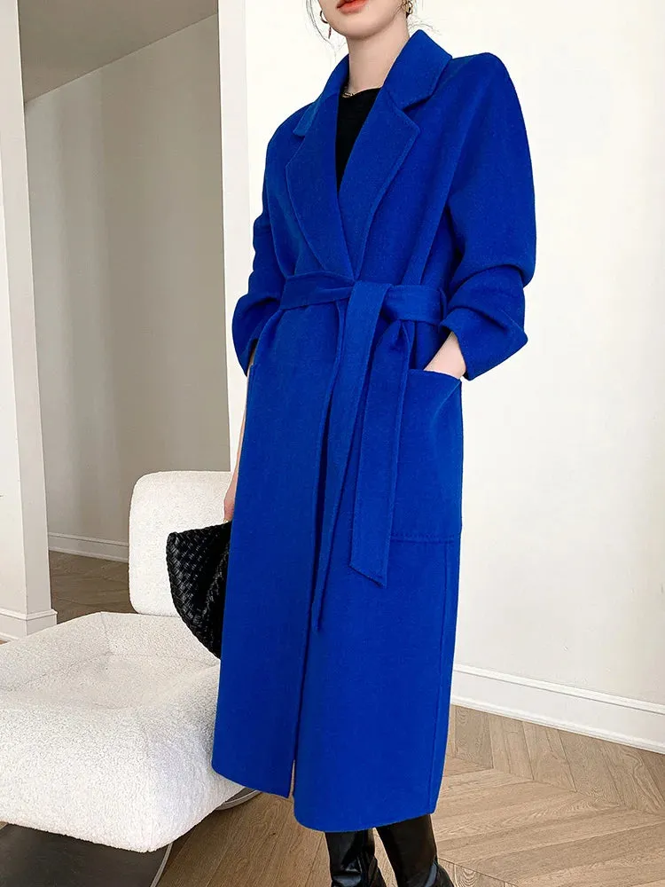 Solid Pocket Belt Tie Up Wool Long Coat