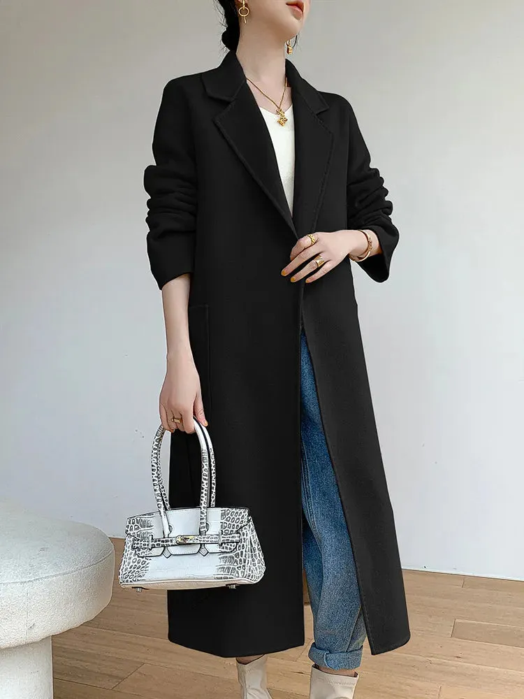 Solid Pocket Belt Tie Up Wool Long Coat