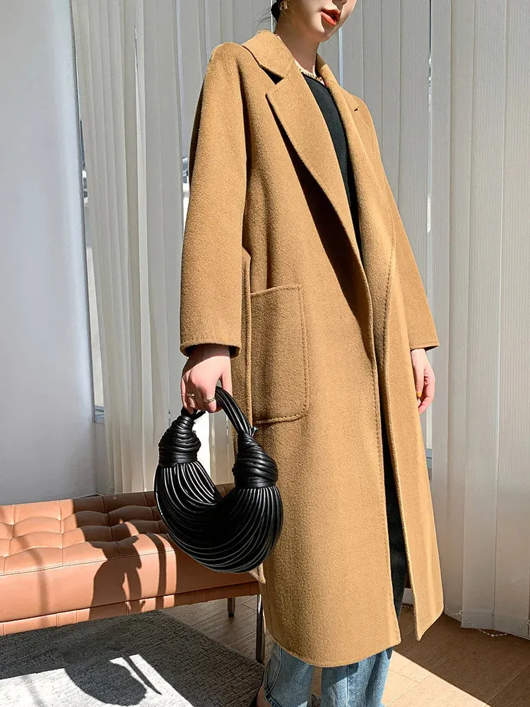 Solid Pocket Belt Tie Up Wool Long Coat