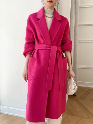 Solid Pocket Belt Tie Up Wool Long Coat