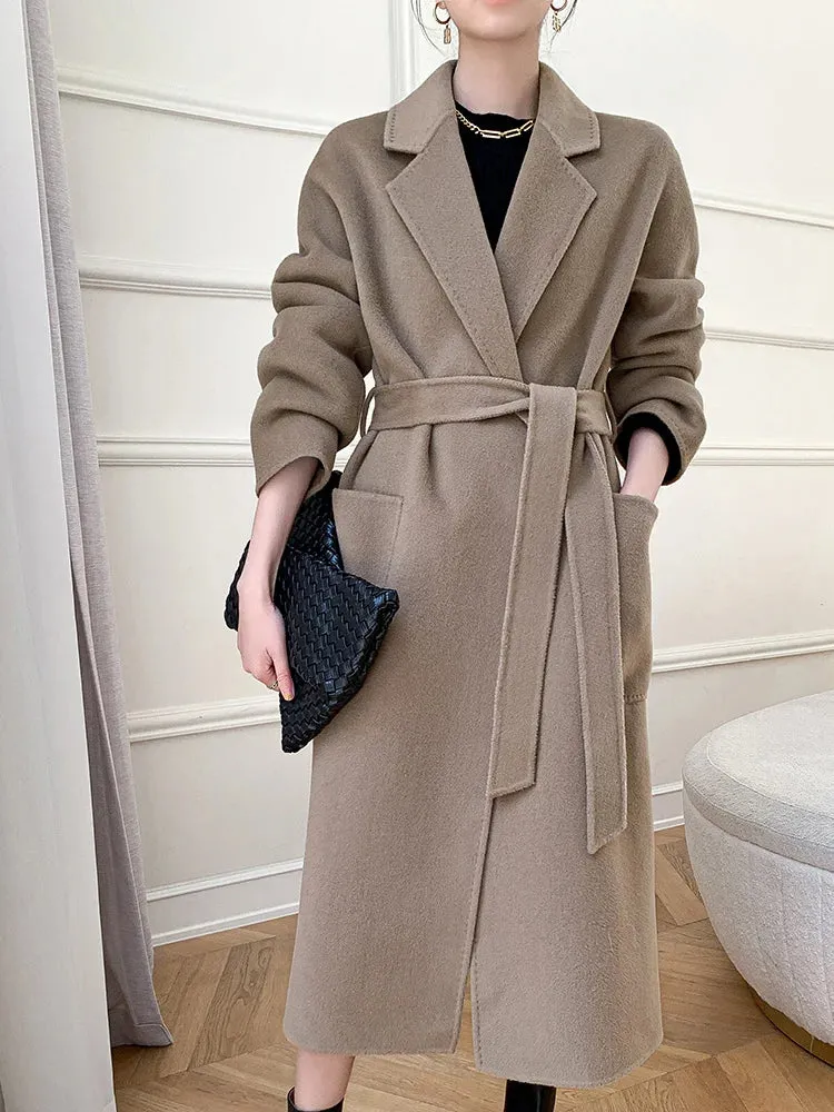 Solid Pocket Belt Tie Up Wool Long Coat