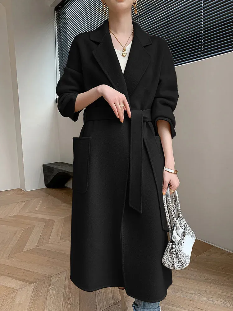 Solid Pocket Belt Tie Up Wool Long Coat