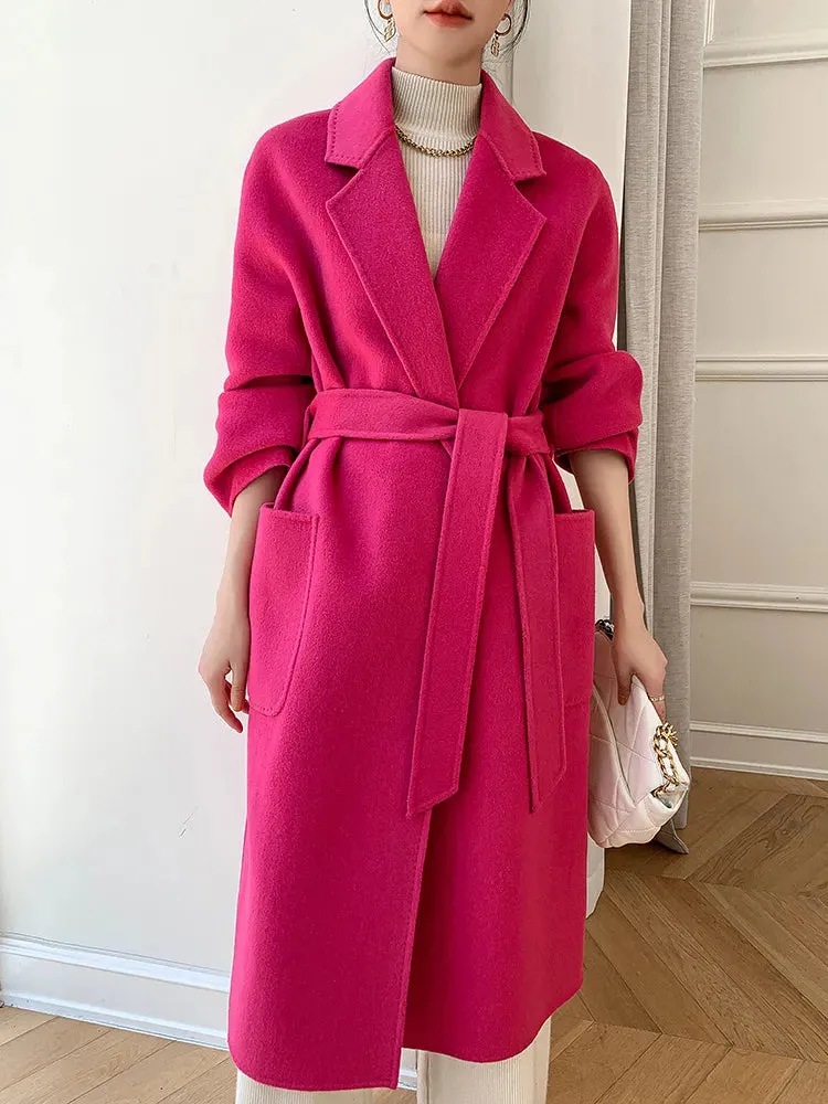Solid Pocket Belt Tie Up Wool Long Coat