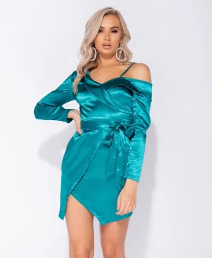 Teal Satin Cold Shoulder Mini Dress