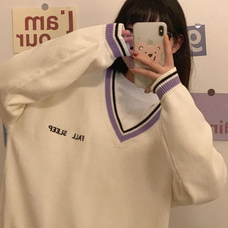 Thick Women Sweatshirt Winter Fashion V Neck Embroidery Letter Pullover All Match Loose Long Sleeve Warm Black Tops