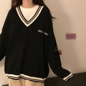 Thick Women Sweatshirt Winter Fashion V Neck Embroidery Letter Pullover All Match Loose Long Sleeve Warm Black Tops